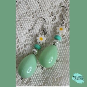 Handmade Mint Green Easter Egg Daisy Dangle Earrings 2.5” | Spring Jewelry